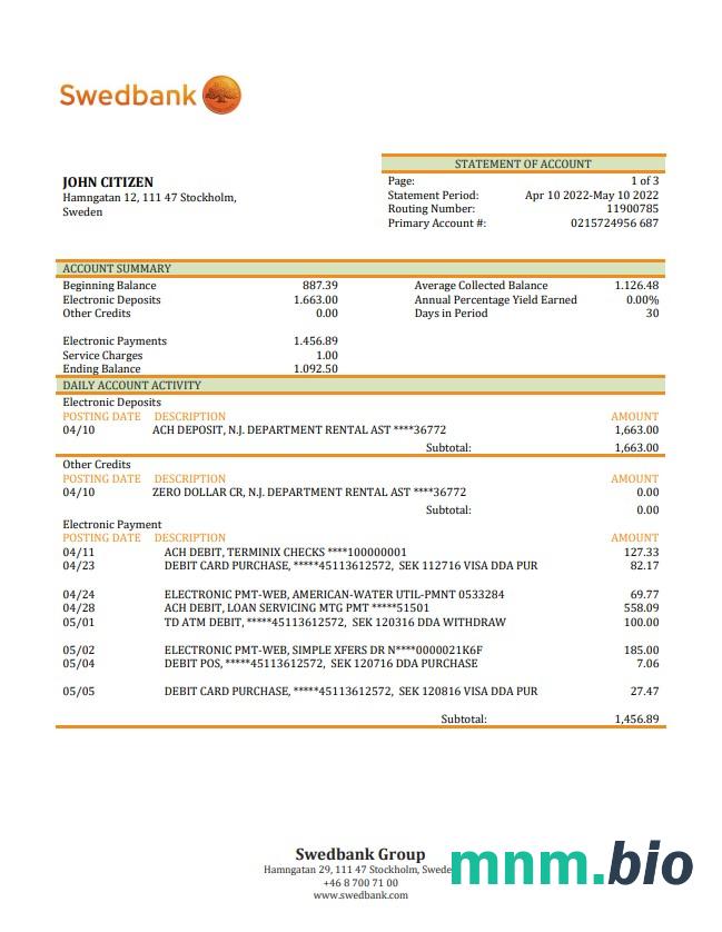 Sweden Swedbank wyciąg bankowy xls